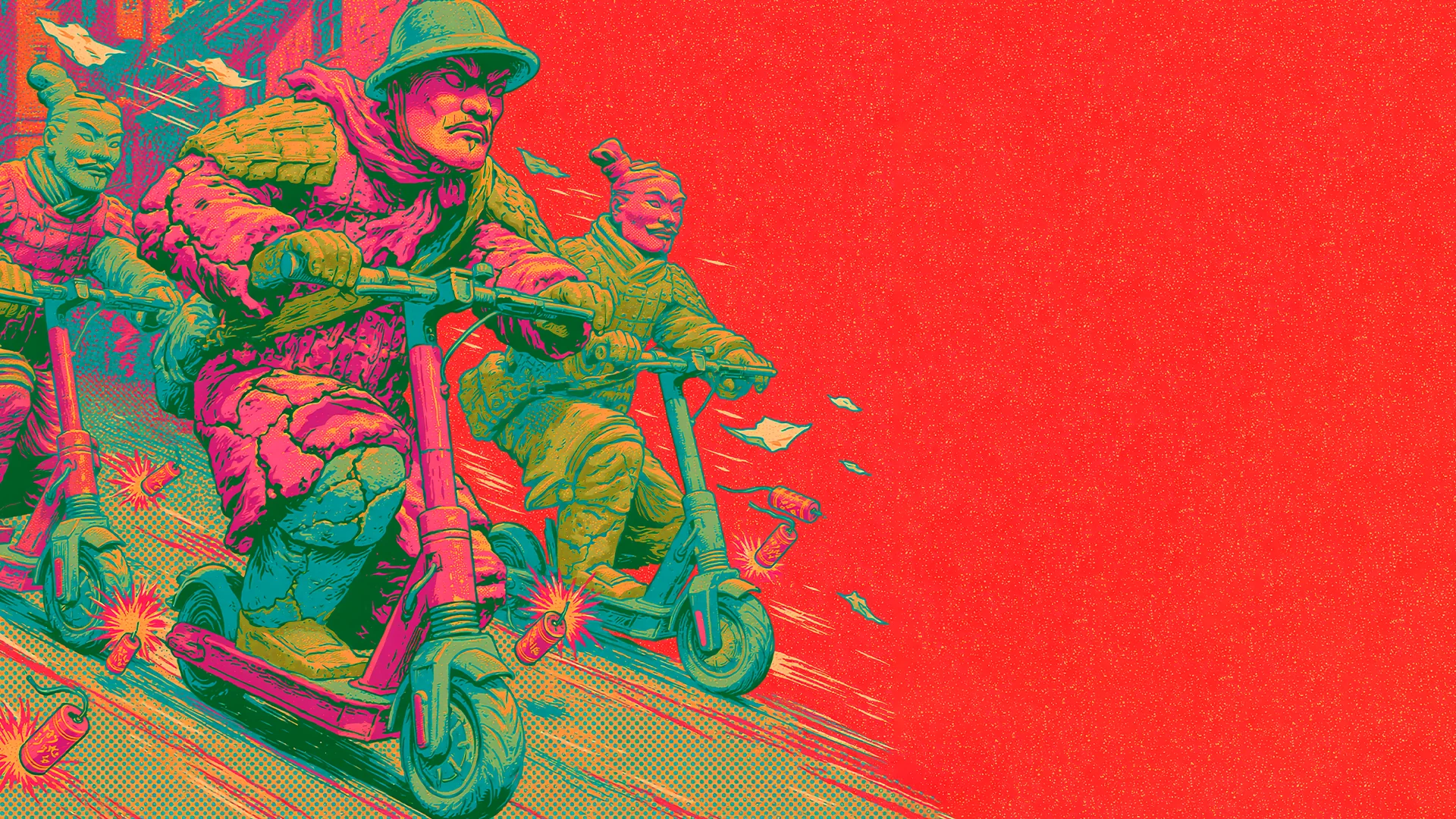 Terracotta warriors racing on electric scooters